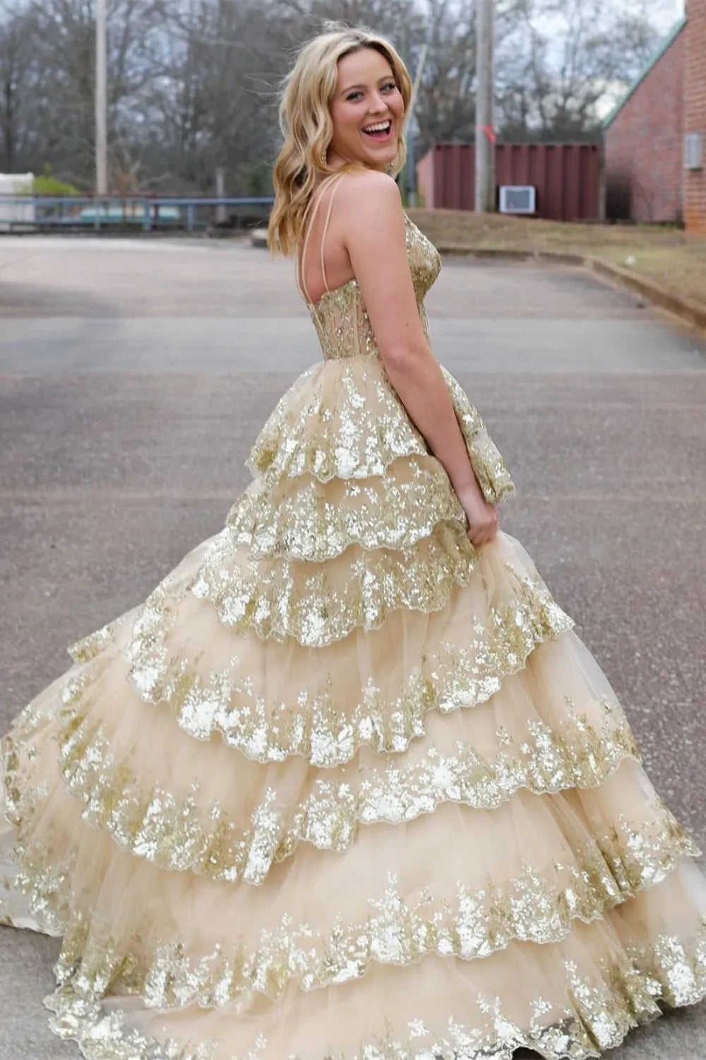 Wholesale Sparkly One Shoulder A-Line Sweep Train Tiered Prom Dress with Split prom dresses with long sleeves